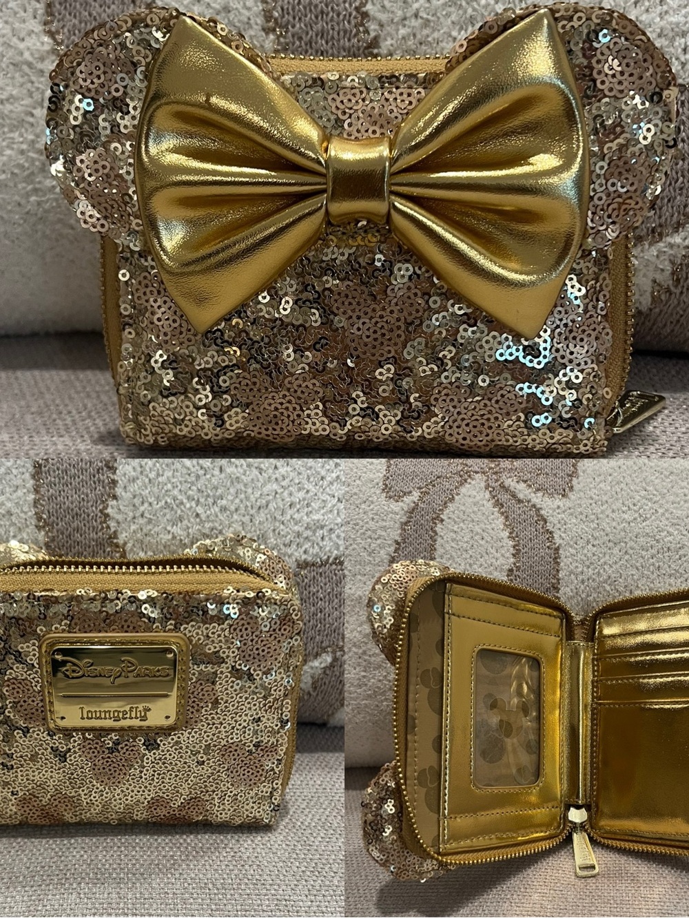 Disney Parks Loungefly Gold Sequin Minnie Bow Wallet